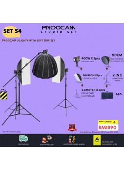 PROOCAM 1 PAIR Softbox 60x90cm 400W LED Light & 1 Set 90cm Dome Parabolic Softbox Grid Boom Stand Studio Lighting Kit SET S4 (VALUE SET)